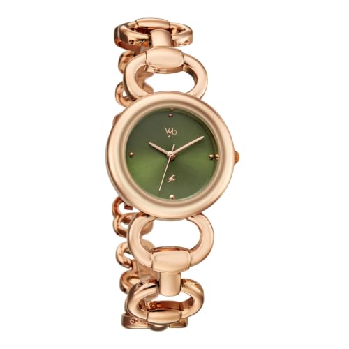 Fastrack Vyb Enigma Quartz Analog 3 Hands Green Dial Rose Gold Alloy Strap Watch for Girls - FV60159WM01W