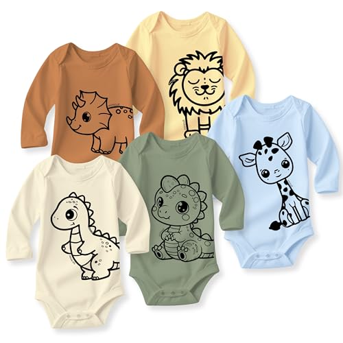 minicult Premium Baby Onesies Bodysuit Full Sleeves – Pack of 5 | 200 GSM Cotton | Snap Button | Unisex Newborn Bodysuit Set| Soft & Breathable(Dino Full Sleeves)(9-12 Months)