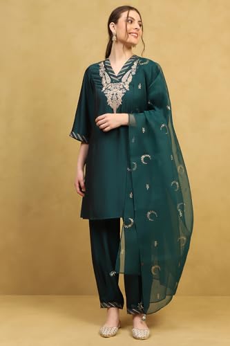 Rangriti Women Deep Green Polyester Blend Embroidered A-Line Kurta Set_36