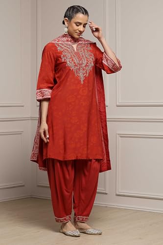 Biba Women Burnt Orange Viscose Blend Straight Printed Suit Set_32
