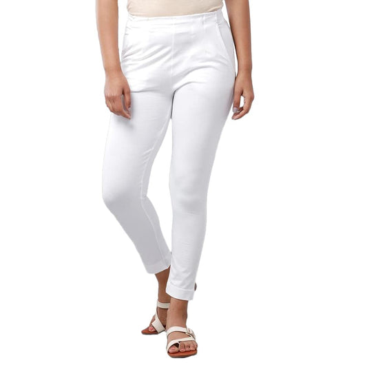 De Moza Womens Cotton Solid Cigarette Pant White