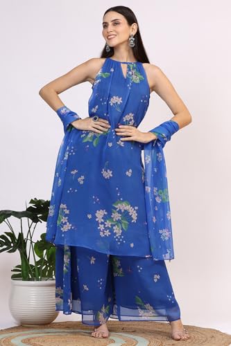 W for Woman Blue Floral Printed Halter Neck Chiffon Kurta with Flared Pants and Dupatta Set (Size: L)-WS12494-125435