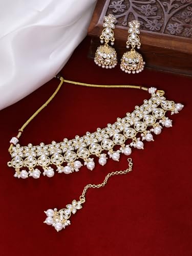 OOMPH Jewellery Kundan Jadau Ethnic Choker Necklace Set - with Jhumka Earrings & Maangtikka For Women & Girls Stylish Latest (DPSET151_Z)- For Women & Girls Stylish Latest