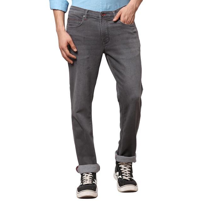 Raymond Men's Slim Fit Cotton Blend Solid Pattern Flat Front Jeans Grey