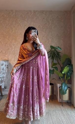 Women's Gown | Embroidery Work | Embroidered Heavy Fandy Silk Outfit | Designer Embroidered Dress with Dupatta || Long Sleeve Gowns (in, Alpha, M, Regular, Women, Light Purple)