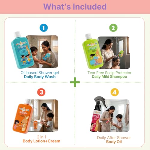 Mishmash Naturals Kids Total Care Combo (4-in-1) | Gentle Body Wash, Shampoo, Body Lotion & Body Oil | 100% Vegan | for All Skin Types | Age 3+ (200 ml x 3, 100 ml x 1)