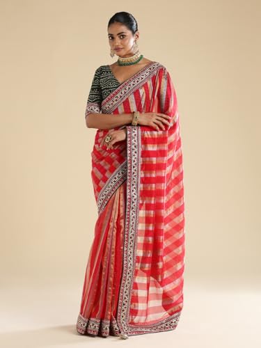 AKHILAM Women's Red Organza Striped Embellished Saree With Unstitched Blouse Piece (ANIKA3303_AG)