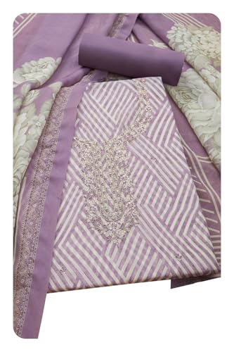 Soch Womens Lavender Organza Shimmer Geometric Print Unstitch Dress Material With Zari