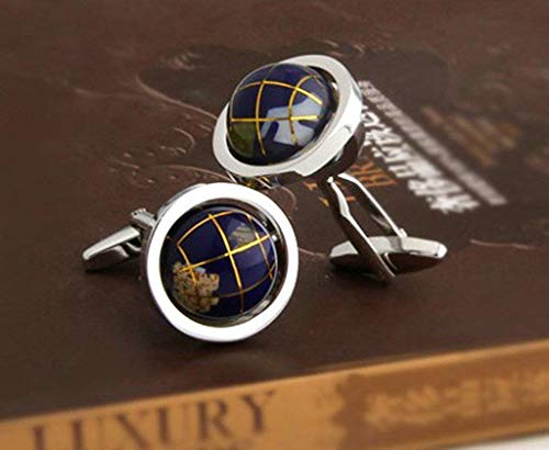 Peora Spinning Globe Earth Blue Formal Cufflinks Set Gift for Men