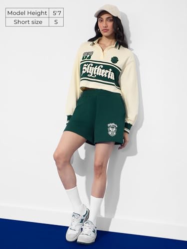 The Souled Store Harry Potter: Slytherin Prefect Women and Girls Elasticated Green Graphic Printed Regular Fit Above The Knee Cotton Lounge Shorts