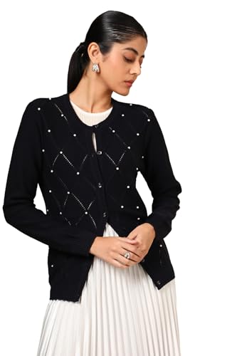 Soch Women's Acrylic Round Neck Cardigan (WW-CWA4OW72015_Navy Blue