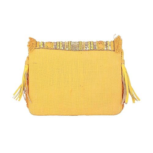 BAGUZZI Jute Coin Embellished Handmade Sling Bag for Women - Stylish, Trendy, Antique, Casual Crossbody Bag with Detachable Chain, Magnetic Closure,Mustard