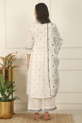 W for Woman White Printed Thread Embroidered Chanderi Kurta, Pants and Kota Dupatta (Size: 2XL)-WS12713-125553