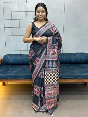 SHANTVAN GALLERY Crepe Silk Sarees for Women Crepe | Designer Printed Women Saree with Unstitched Blouse Piece | Soft Lightweight Crepe Saree (Black Peach Ethnic)