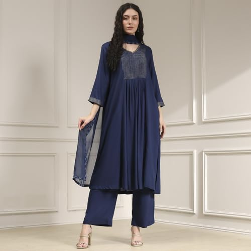 Biba Women's Rayon Kurta Set (SKDVINWIN30842AW25BLU_Blue