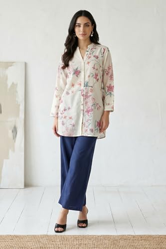 W for Woman Navy Blue Cotton Flax Ankle Length Relaxed Pants - (W63420-224745-S)