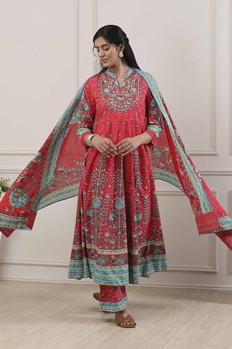 Biba Women Red Cotton Kalidar Suit Set_32