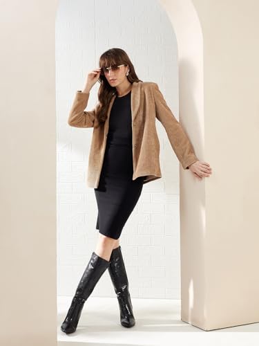 Latin Quarters Women's Brown Full Sleeves Spread Collar Self Design Casual Hip Length Blazer_XL