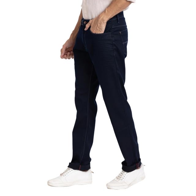 Raymond Men's Slim Fit Cotton Blend Solid Pattern Flat Front Jeans Blue
