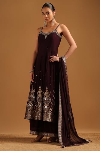 Soch Womens Wine Brocade Zari Woven Salwar Suit With Stone Work