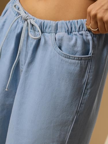 The Souled Store Pull-On Denim: Rosette Women and Girls Drawstring Waist Light Blue Washed Cotton Denim Wide Fit Breathable Side Slits Lightweight Comfortable All-Season Everyday Denim Jeans