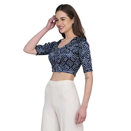 THE WEAVE TRAVELLER Navy Blue Printed Non Padded Women Mashru Saree Blouse