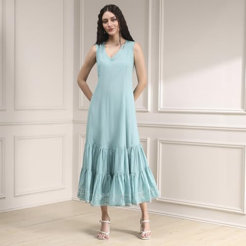 Biba Women's Cotton Blend Embroidered Straight Kurta (SKDMWR10867AW25POBL_Powder Blue