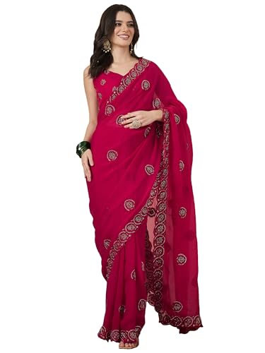 AKHILAM Women's Pink Tissue Embellished Saree With Unstitched Blouse Piece (KRIYNS4701_KH)