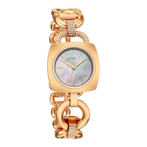 Titan Raga Unlocked Quartz 3 Hand Shaped White Mother of Pearl Dial, IP Rose Gold Strap Watch for Women - 2836WM01