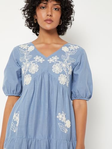 Max Women Embroidered Tiered Dress (Blue_S)