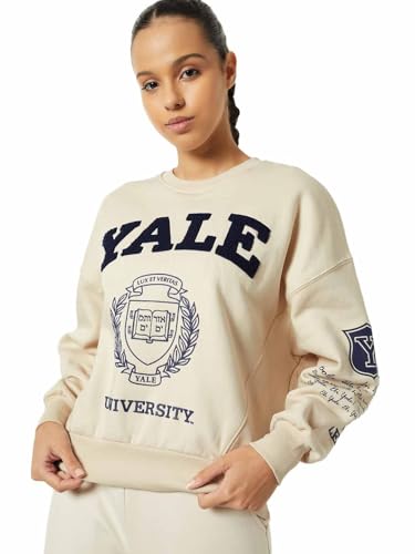 Women Boxy Fit Chenille Embroidered Sweatshirt (Beige_XS)