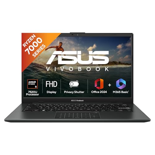 ASUS Vivobook Go 14, AMD Ryzen 5 7520U, 16GB RAM, 512GB SSD, FHD 14", Windows 11, Office Home 2024, M365 Basic (1Year)*, Black, 1.38kg, E1404FA-EB2542WS, AMD Radeon iGPU, 42WHrs, Thin & Light Laptop