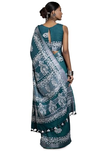 Soch Womens Teal Linen Batik Print Saree