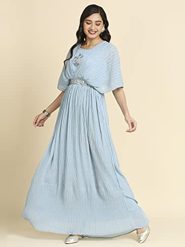 madhuram textiles Women Long Gown For Solid Georgette With Heavy Embroidery And Hand Work With Belt(2408) (In, Alpha, L, Regular, 1) Sky Blue