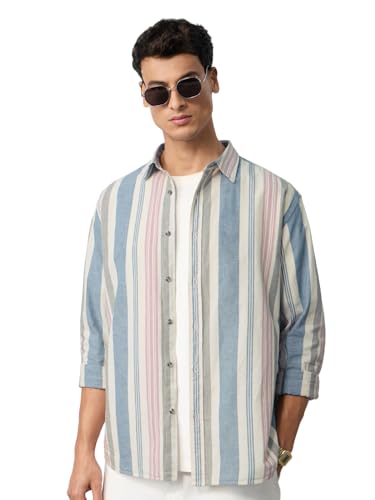 The Souled Store Cotton Linen Stripes: Marine Men and Boys Long Sleeves Collared Neck Button Front Regular Fit Lightweight Breathable Casual Cotton Linen Shirts Cream