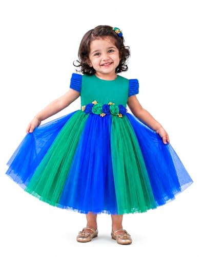Stanwells Kids Baby Girl Peacock Blue Net Frock Birthday Kids Dress for Girls Short Sleeve Flared Knee Length 2-3 Years