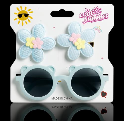 Tresneria Round Mint Blue Bear Sunglasses with Blue Flower Hair Clips | Stylish Kids Combo for Summer, Travel & Birthday Gifts Set of 2