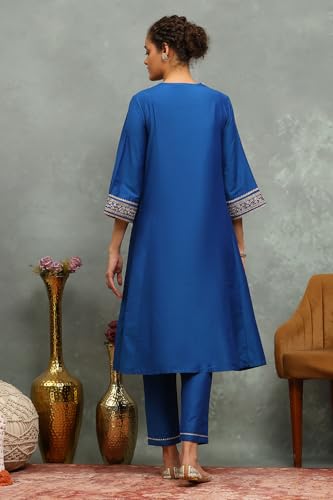 Rangriti Women Blue Viscose Blend Embroidered Kalidar Suit Set_36
