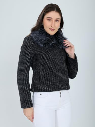 Monte Carlo Womens Regular Fit Full Sleeve Self Designed Collar Neck Winter Coat Black 3XL (Pack Of 1)