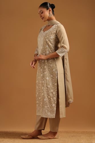 Soch Womens Beige Mul Chanderi Botanical Salwar Suit With Machine Embroidery and Sequin Details