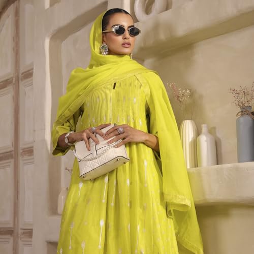 Biba Women's Silk Kurta Set (SKDTMETWEV30287AW25LIM_Lime Green