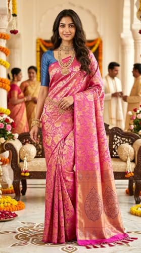 VFCollections Women's Kanchipuram Silk Pure Pattu Sarees- No Border/Zero Border - Teen & Mid age With Blouse (VFC263-6)