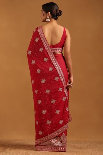 Soch Womens Fuchsia Fendy Georgette Ethnic Motifs Saree With Zari Embroidery and stone work