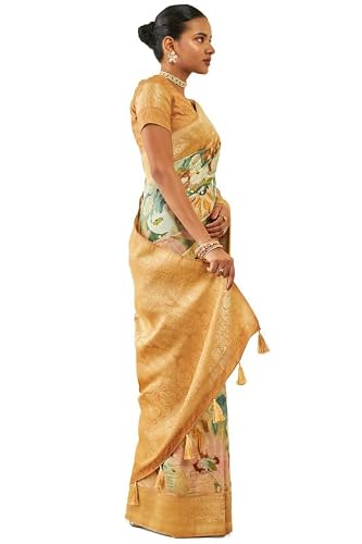 Soch Womens Gold Tussar Floral Print Saree With Zari Woven(8907175714256)