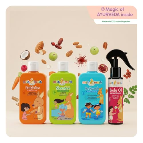 Mishmash Naturals Kids Total Care Combo (4-in-1) | Gentle Body Wash, Shampoo, Body Lotion & Body Oil | 100% Vegan | for All Skin Types | Age 3+ (200 ml x 3, 100 ml x 1)