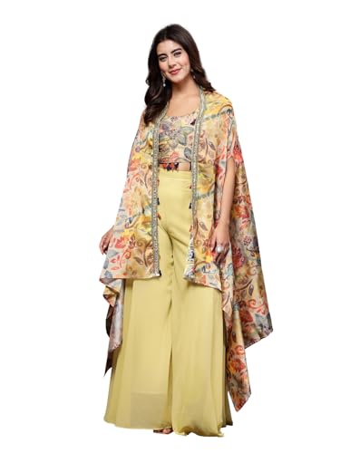 Stylum Women's Printed Party Wear Georgette Palazzo & Blouse with Jacket (PCJPOTTERBEIGE38_Beige, M)