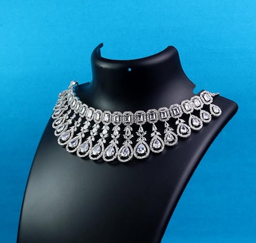 Khannak Rhodium-Plated with White American Diamond studded Necklace,Maang tikka and Drop Earrings Jewellery Set for women |Bridal Jewellery set (white)