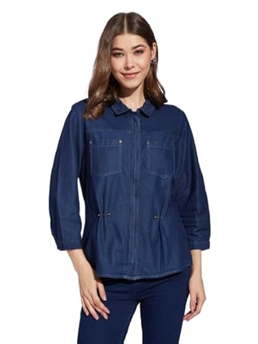 Latin Quarters Women's Blue 3/4Th Sleeves Collared Casual Solid Shirt_XXL