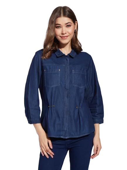 Latin Quarters Women's Blue 3/4Th Sleeves Collared Casual Solid Shirt_S