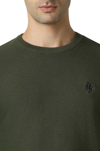 Men Olive Textured Crew Neck Sweater